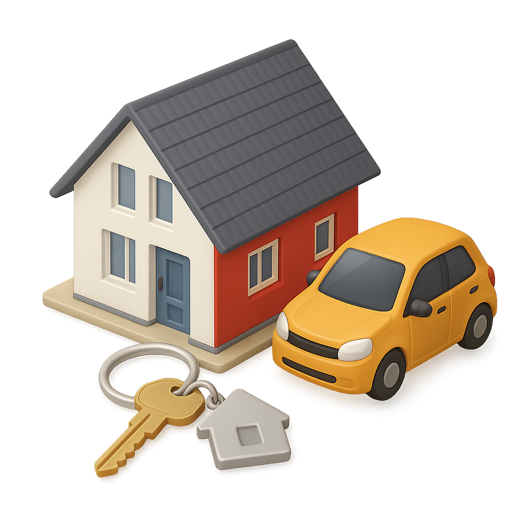 3D illustration of a house, car, and keys